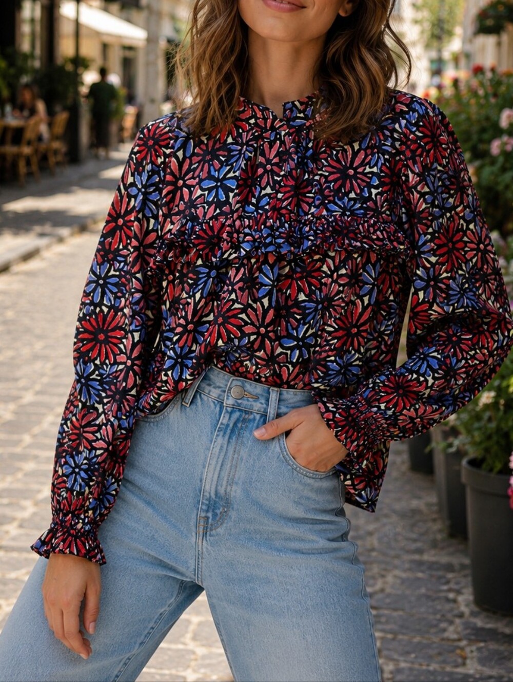 Compania Fantastica Floral Ruffle Yoke Blouse Black Red Blue Retro Boho Top